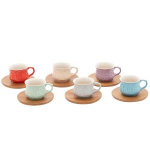 Set 6 tazzine da caffè colorate con piattino in legno